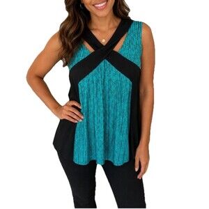 Worthington Womens VTG Sleeveless Geometric Blouse Teal Black Plus Size XL